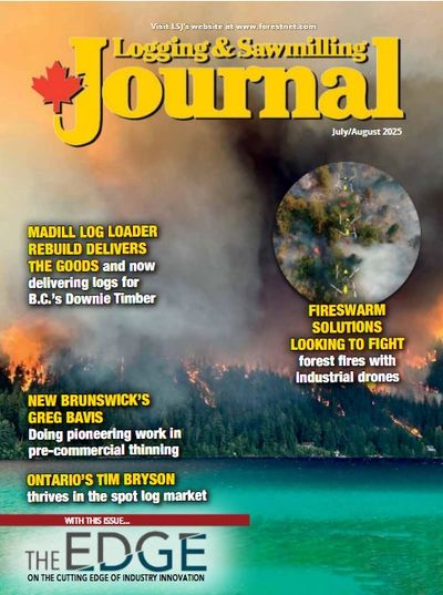 Logging &amp; Sawmilling Journal cover featuring wildfire and forestry innovation headlines.