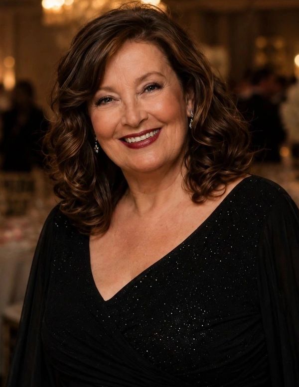 Smiling woman in black glittery dress.