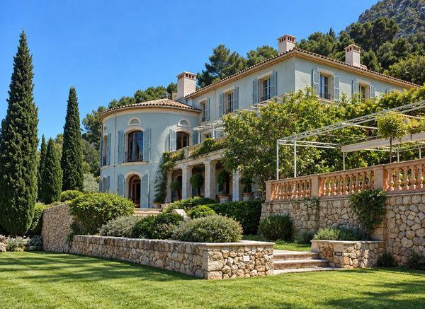 Large elegant house surrounded by greenery under a clear blue sky.