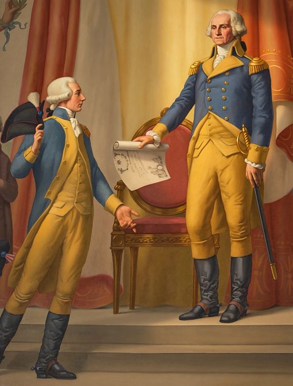Two men in colonial military uniform in a formal setting.