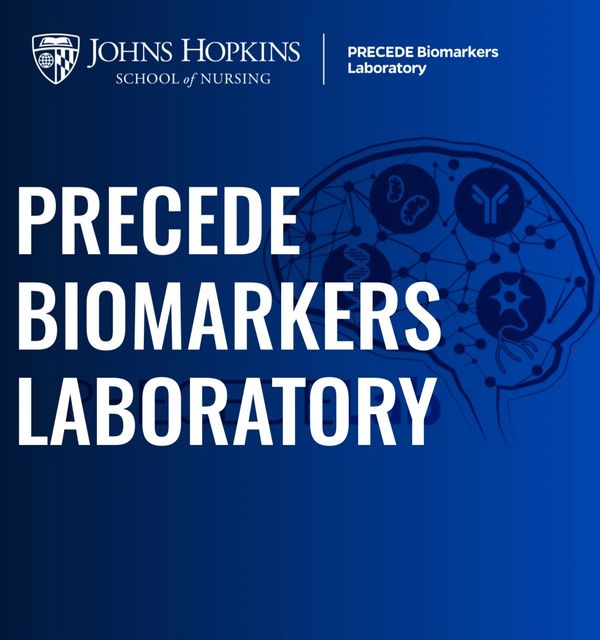 Johns Hopkins Precede Biomarkers Laboratory logo with brain and biomarker icons.