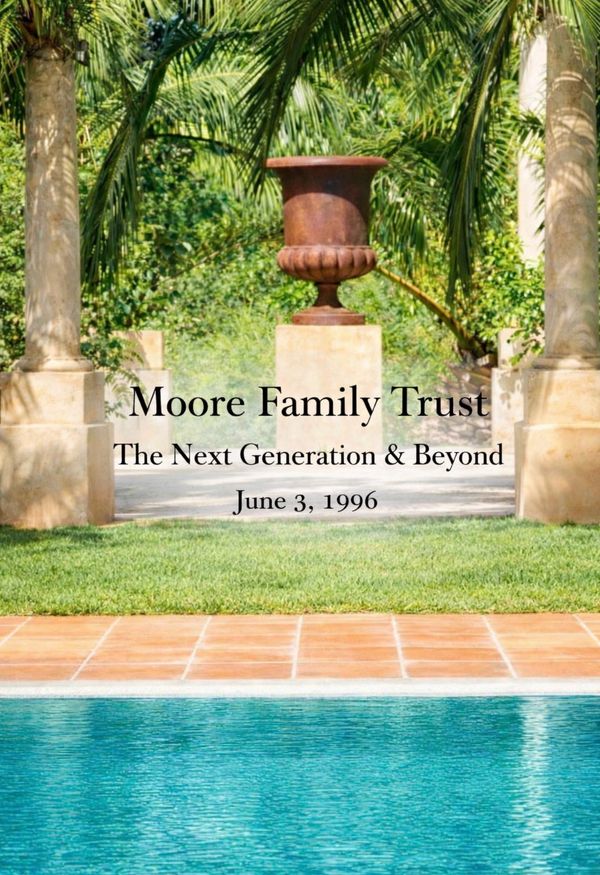 Title card for Moore Family Trust with a tropical background.