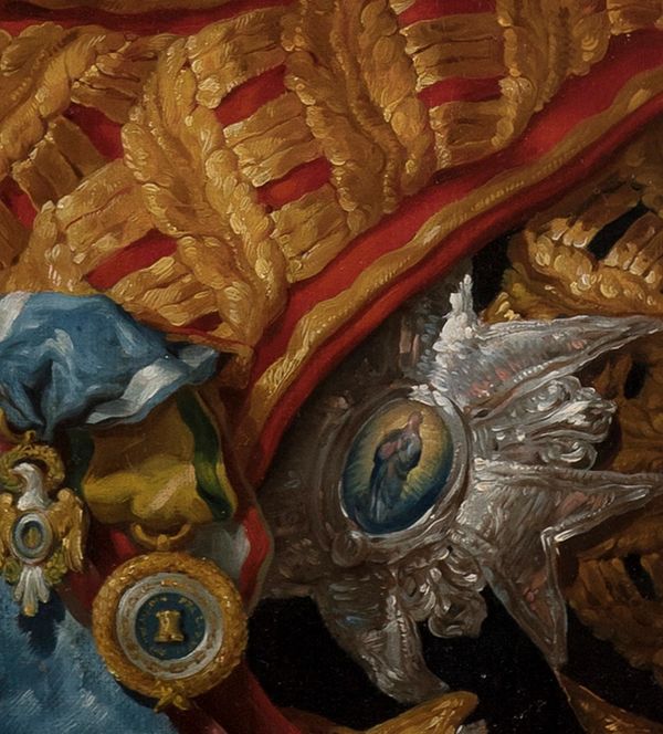 Close-up of ornate decorations with religious imagery.