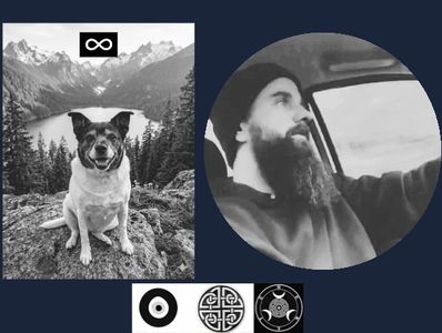 Black-and-white collage featuring a dog in nature and a bearded man driving.