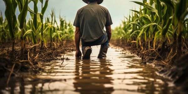 Farmer in flooded crop rows