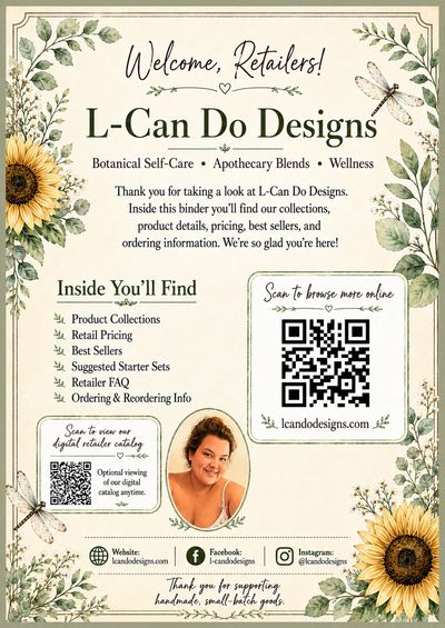 Welcome flyer for L-Can Do Designs featuring botanical theme and QR codes.
