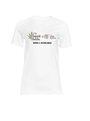 White T-shirt with colorful text and leaf graphic, stating "Lov Happii House Nikki's Lit Kit Open & Available."