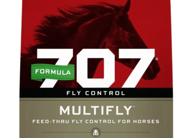 Packaging of 707 Formula Multifly fly control for horses.