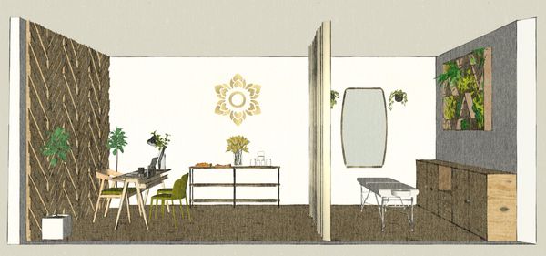 Modern office space with wooden accents and plants.