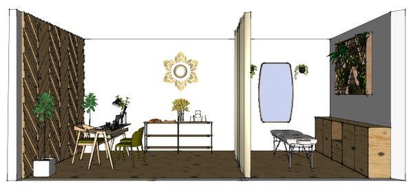 Minimalist modern room with natural wood, plants, and simple furnishings.