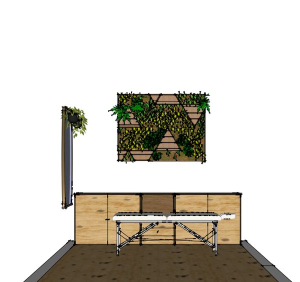 Minimalist room with wooden furniture and a green wall art piece.