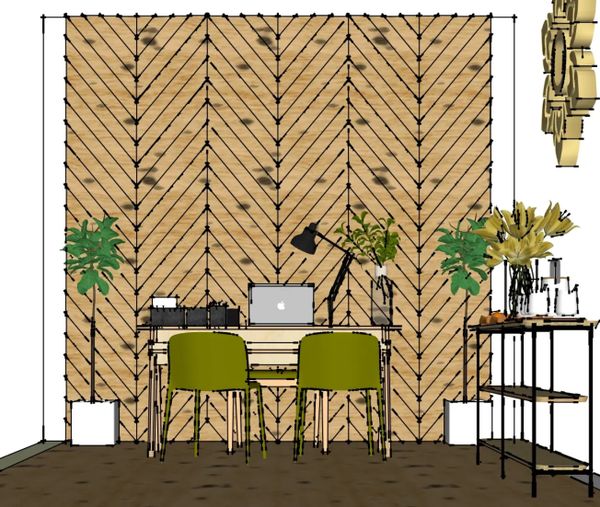 Modern workspace with wooden herringbone wall, green chairs, and plants.