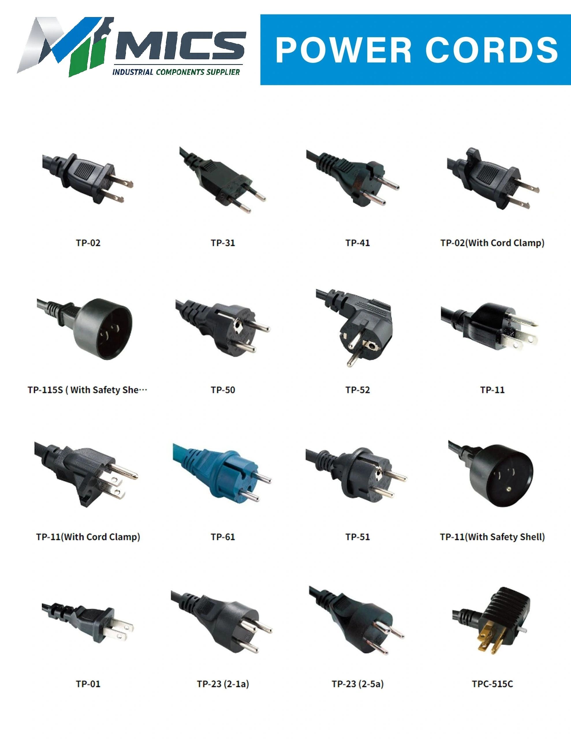 Various types of industrial power cords with model numbers and safety features.