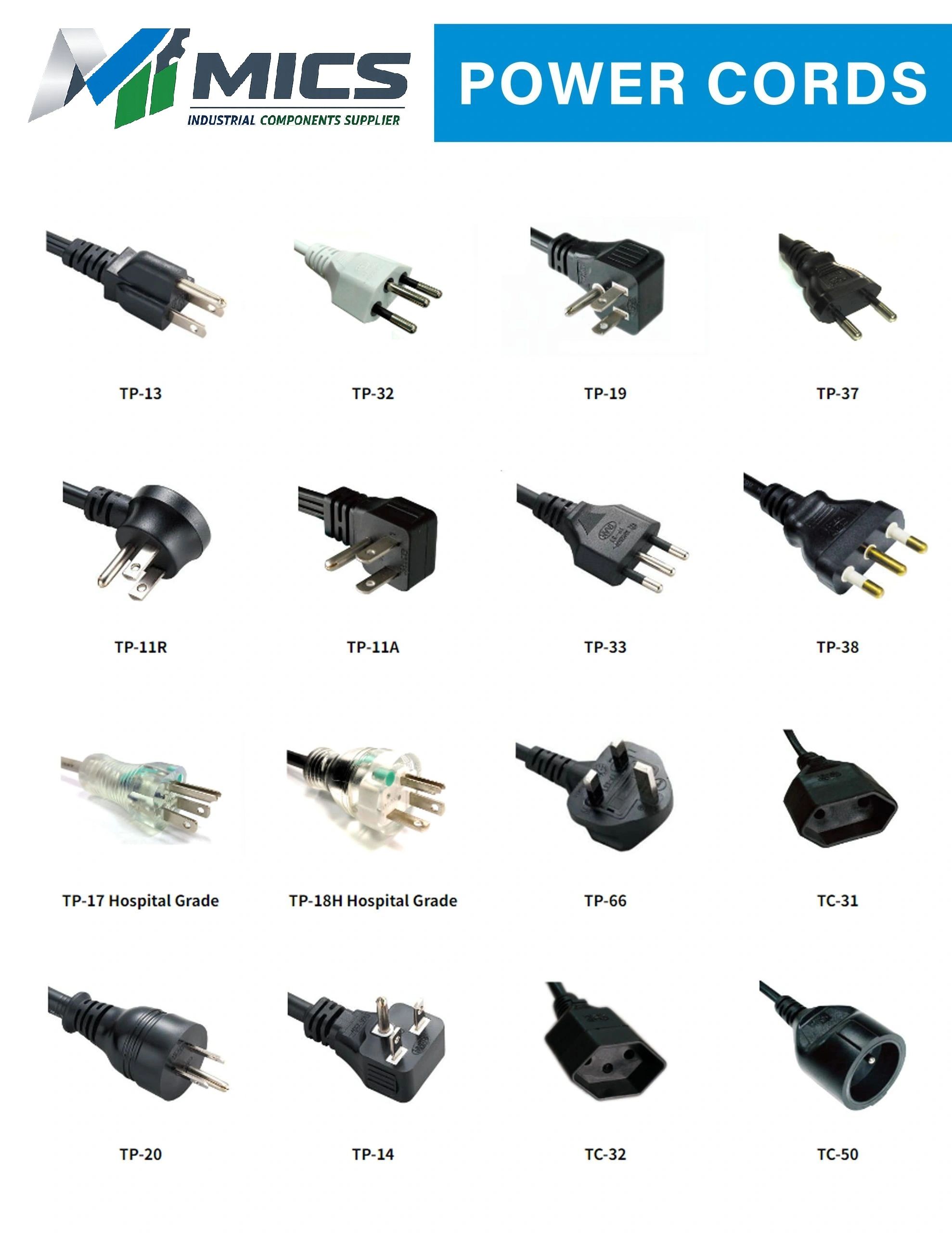 Various types of industrial power cords labeled with their model numbers.
