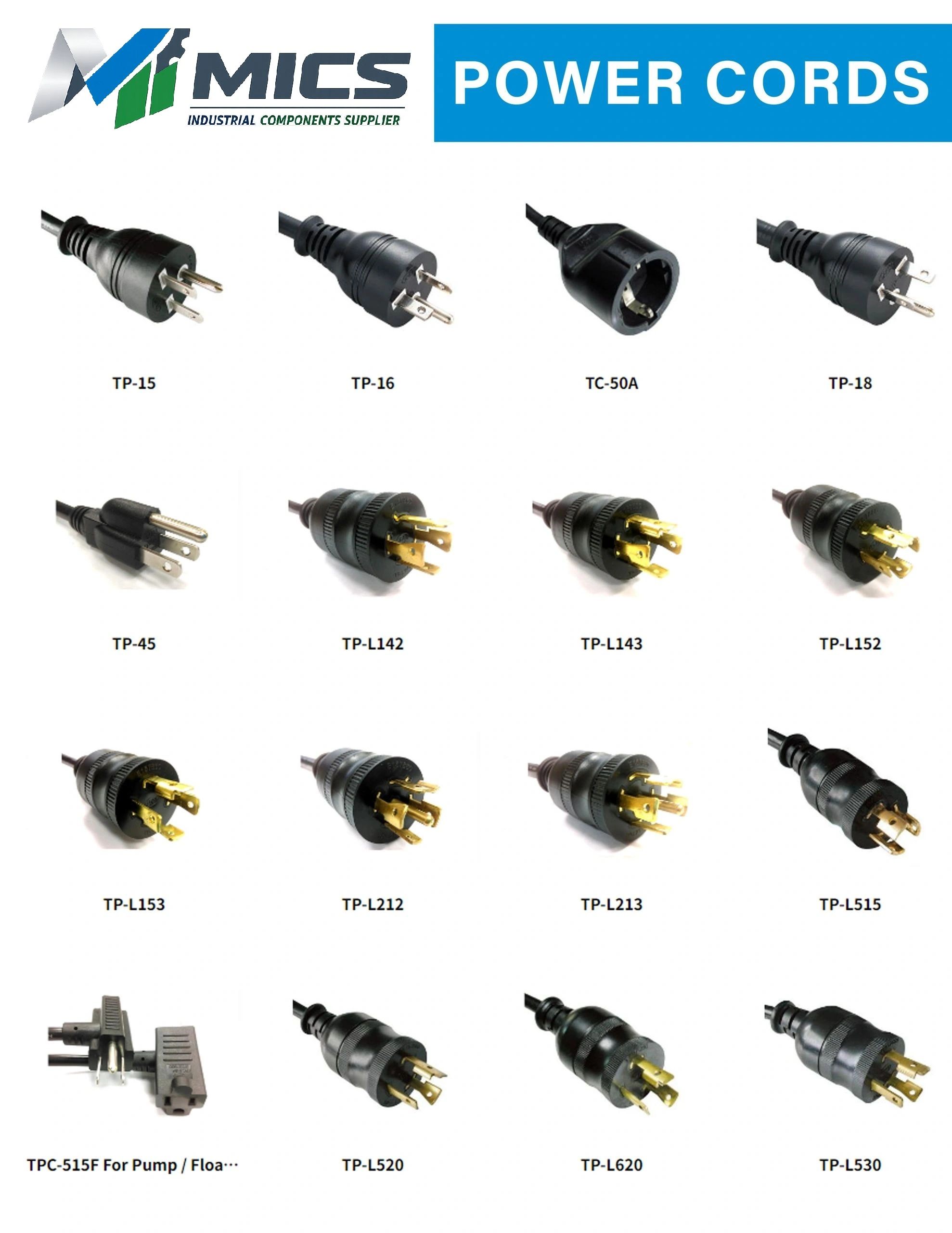 Various types of industrial power cords with different plug designs.