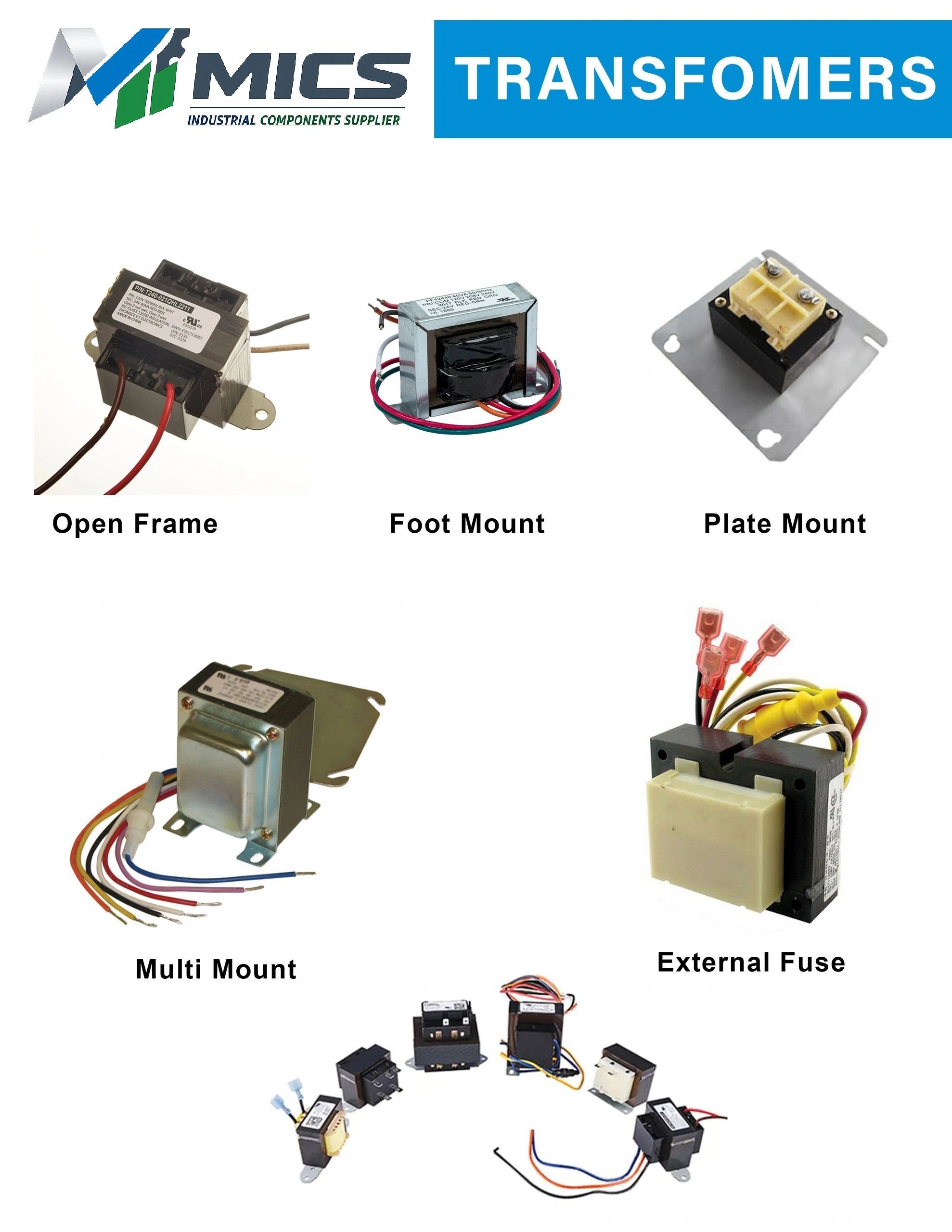 Various types of industrial transformers from MICS with different mounting styles.