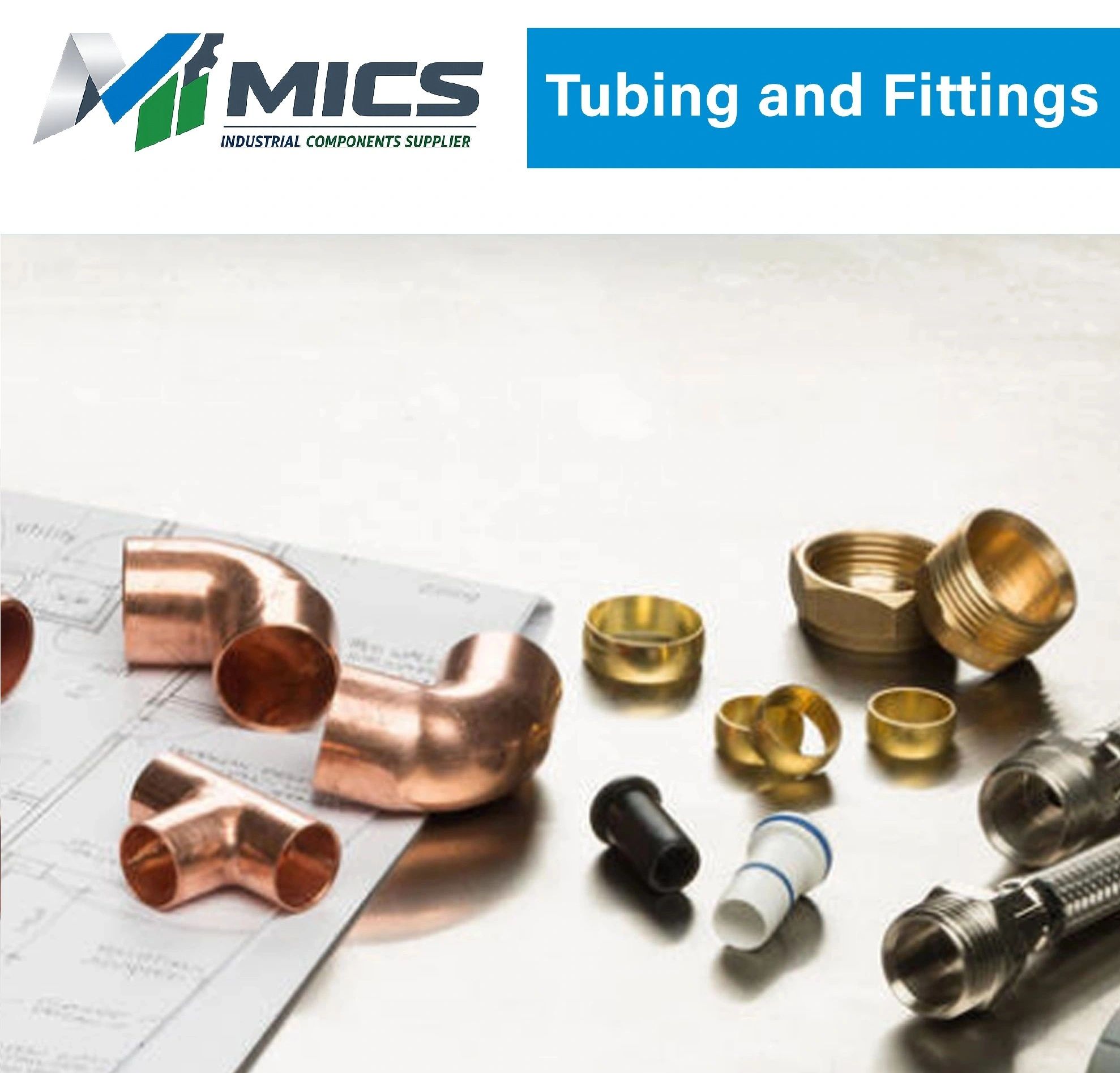 Various tubing fittings and components displayed on a blueprint with MICS logo.