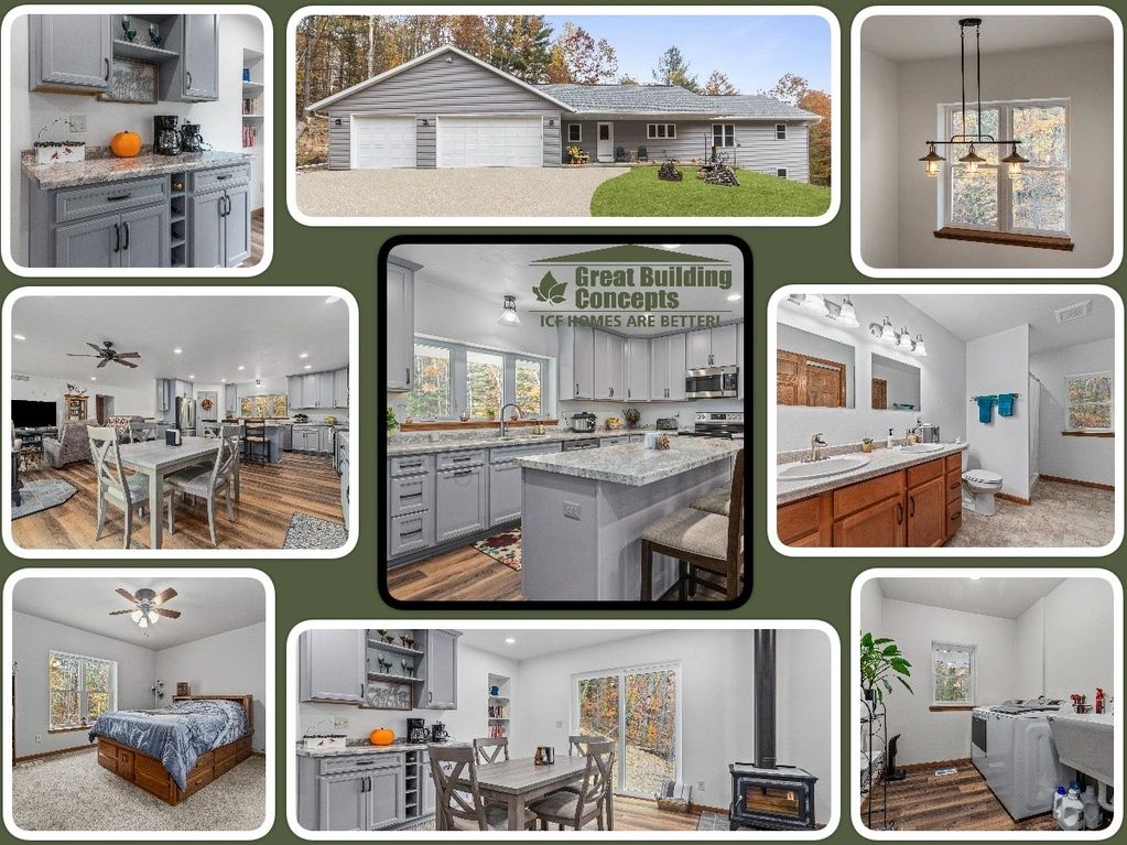 collage of full Insulated Concrete Form home exterior, bathroom, kitchen, bedroom, laundry room.