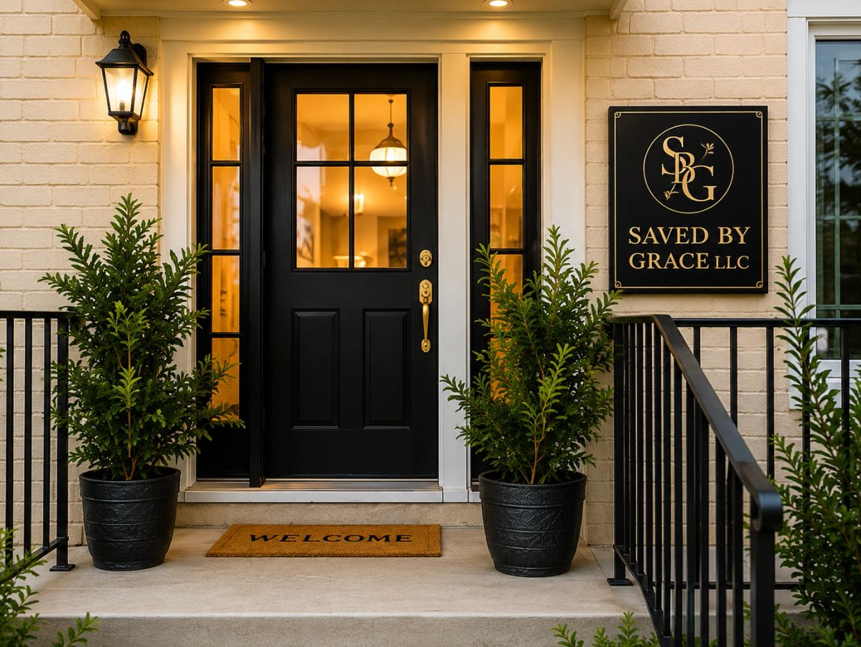 Welcoming front door of Saved By Grace LLC with plants.