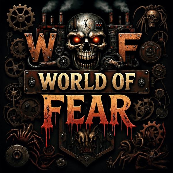 Dark steampunk logo with a glowing skull and the text 'World of Fear'.