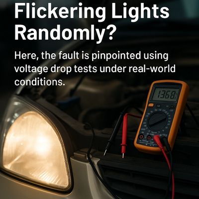 Digital multimeter under hood with headlight and partial engine view