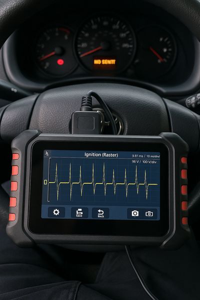 Tablet on steering wheel showing VR sensor waveform scope trace