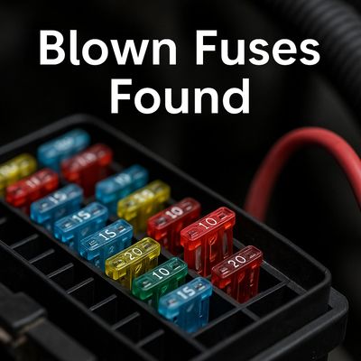 Underhood automotive fuse box with cover removed for inspection and testing