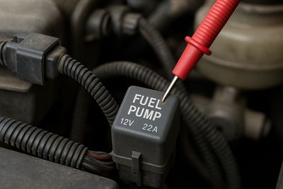 Fuel pump relay under hood with voltmeter lead for circuit testing