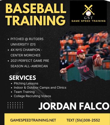 Advertisement for baseball training by Jordan Falco with pitching lessons and team training.