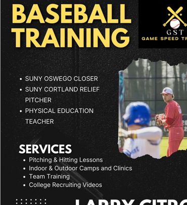 Baseball training advertisement by Larry Citrola with services and contact info.