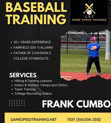 Advertisement for baseball training services by Frank Cumbo with over 30 years experience.