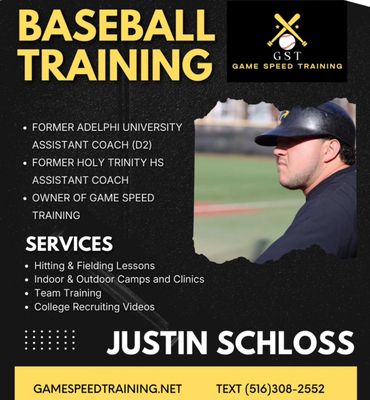 Baseball training advertisement featuring Justin Schloss and Game Speed Training services.