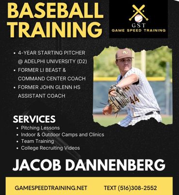 Baseball training flyer featuring coach Jacob Dannenberg's services and contact info.
