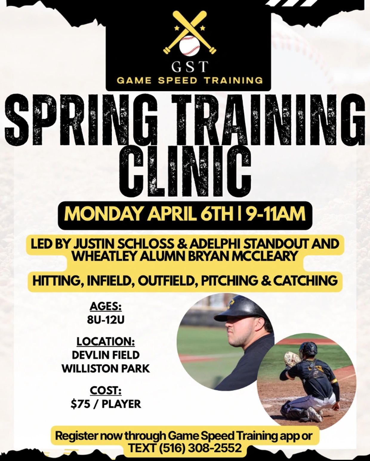 Spring Training Clinic on April 6th for ages 8-12 at Devlin Field.