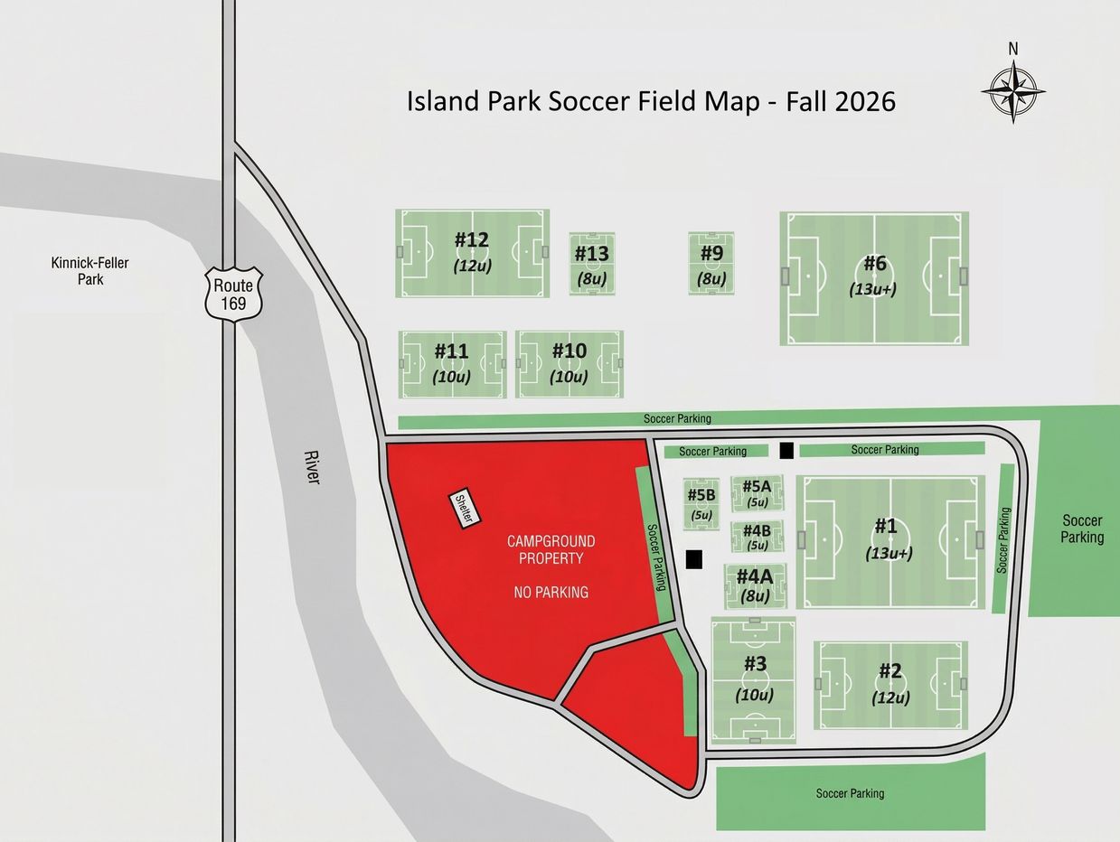 Island Park soccer field map for Fall 2026 showing field numbers, age groups, parking, and campground area.