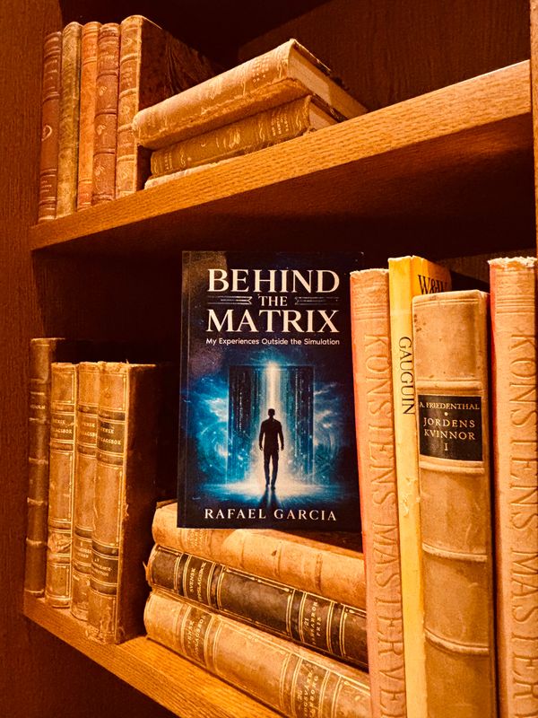 A book titled 'Behind The Matrix' by Rafael Garcia on a wooden bookshelf.