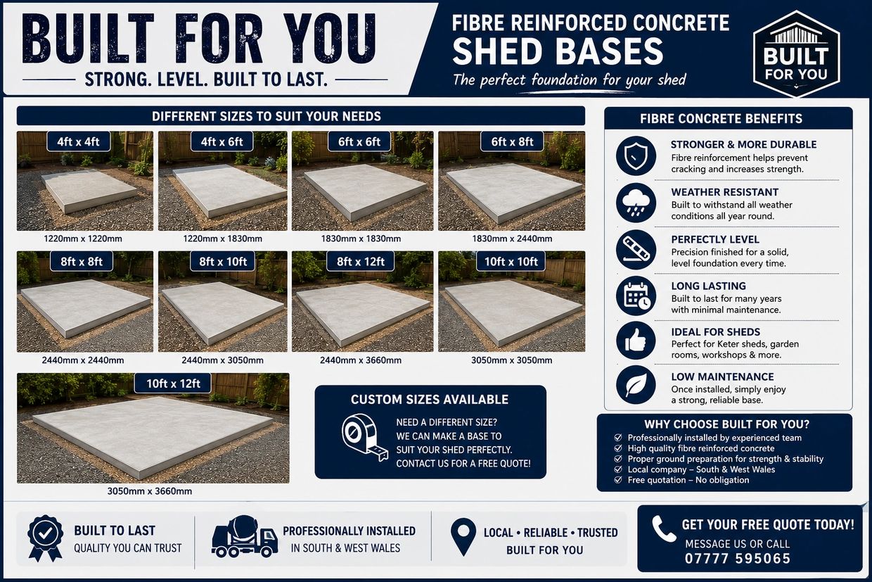Concrete shed bases in various sizes for strong, level foundations.