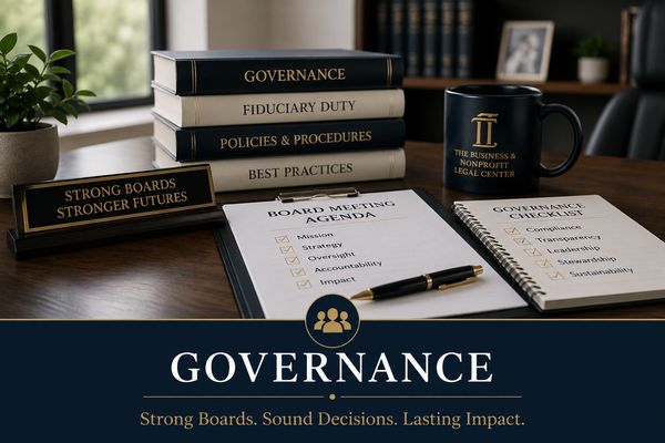 Governance books, agenda, and checklist on a table with a coffee mug.