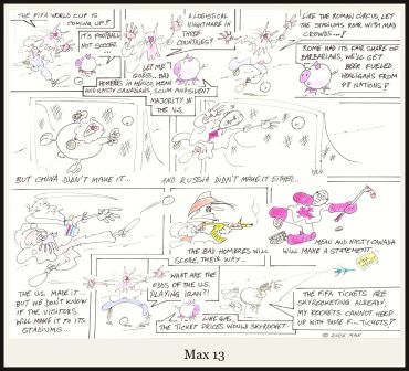 Comic strip featuring flying birds discussing soccer world cup logistics and ticket issues.