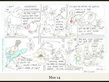Political cartoon satirizing global military and political tensions.