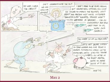 Humorous cartoon about EU politics with gods and rockets.