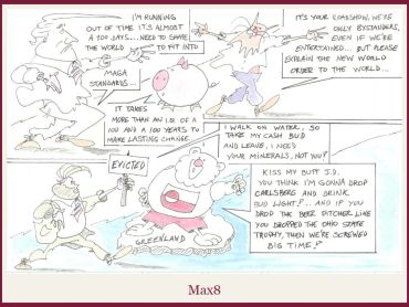 A cartoon depicting climate change denial and misinformation with exaggerated characters and dialogue.