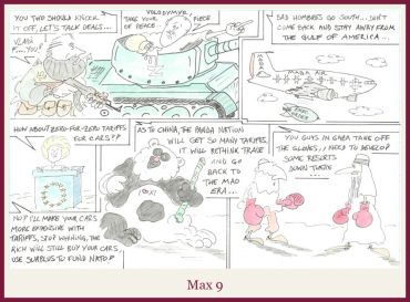 Comic strip depicting global trade talks with countries as characters negotiating tariffs and trade deals.