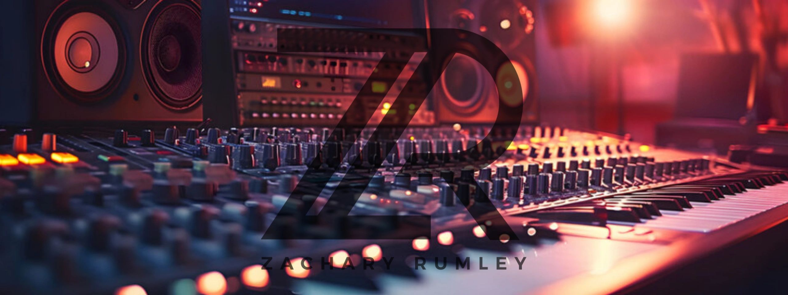Zachary Rumley logo overlayed atop a recording studio workspace. 