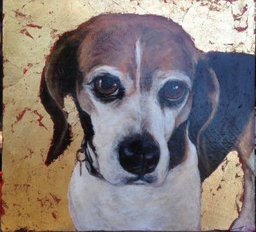 Oil and faux gold leaf on panel.