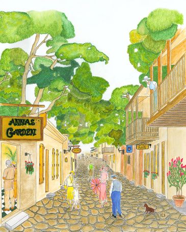 Shops in a quaint downtown area in the 1920s with patrons shopping on a leisurely sunny day.