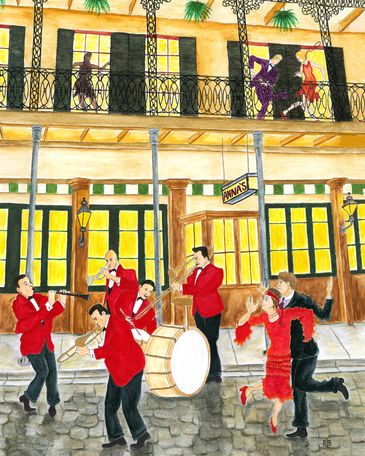 Watercolor painting of a New Orleans Jazz band in the 1920s playing in the street. Colorful art / ar
