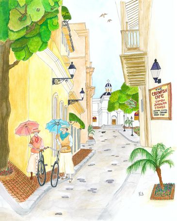 1920s New Orleans with 2 ladies on bicycles getting ready to eat lunch at The Crawfish Cafe.