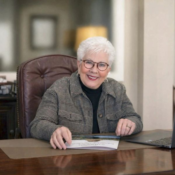 Senior woman smiling at desk with laptop and document.