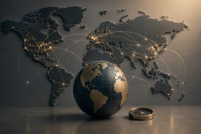 Mapa mundial con conexiones iluminadas y un globo terráqueo.